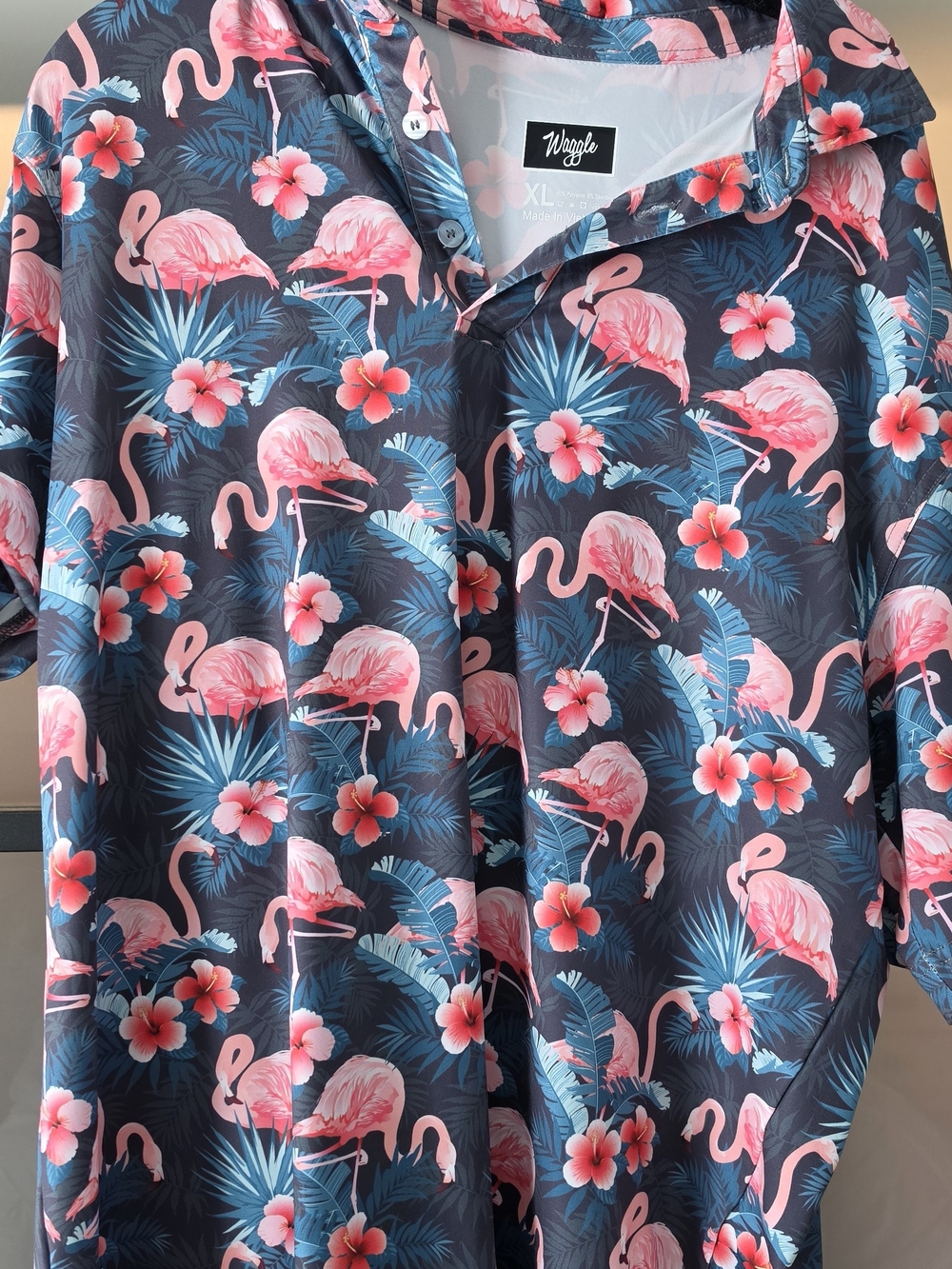 Waggle Mens  Navy & Pink Flamingo Print Polo Shirt